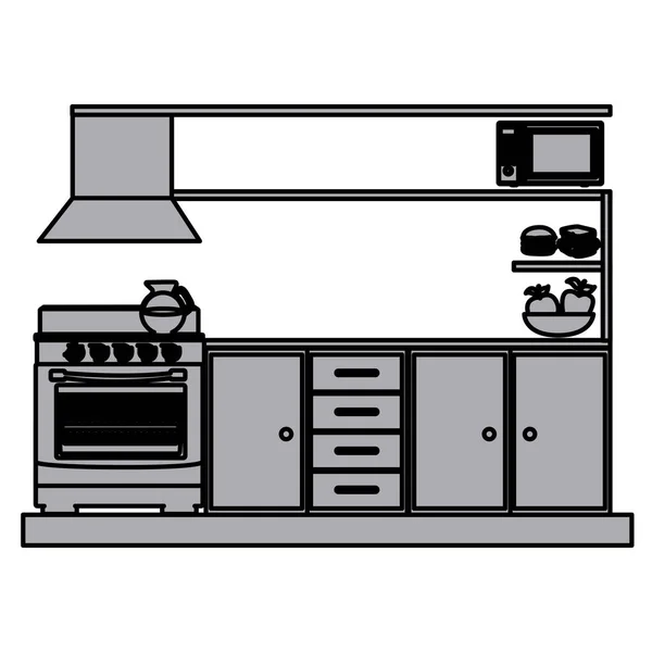 Grayscale silhouette of lower kitchen cabinets with stove and oven — Stock Vector