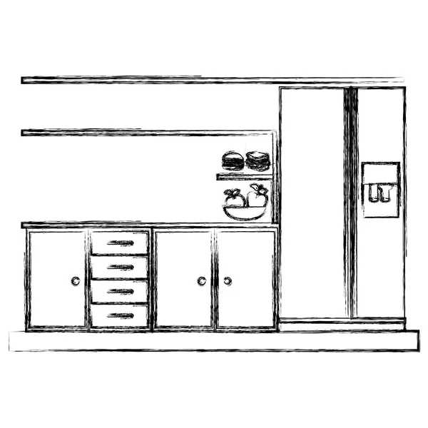 Monochrome Skizze der unteren Küchenschränke mit Kühlschrank — Stockvektor