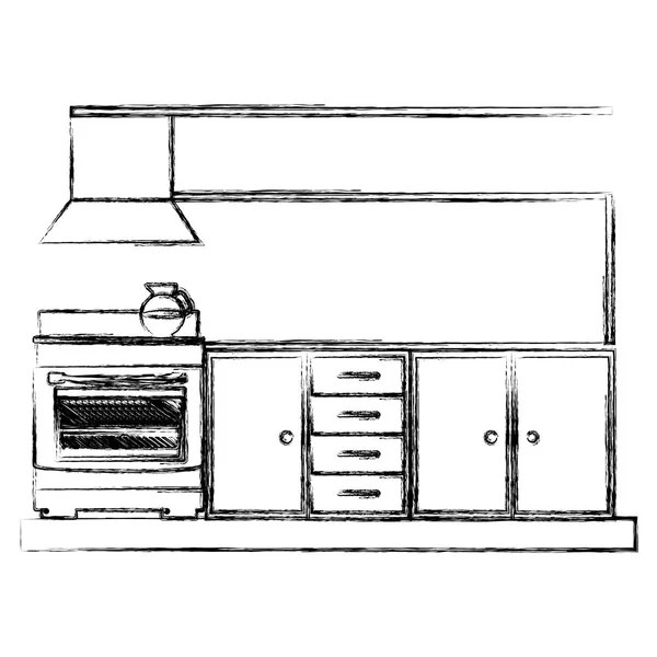 Monochrome sketch of lower kitchen cabinets with stove and oven — Stock Vector