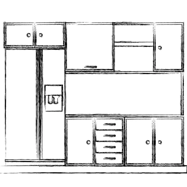 Монохромний ескіз кухонних шаф з холодильником — стоковий вектор