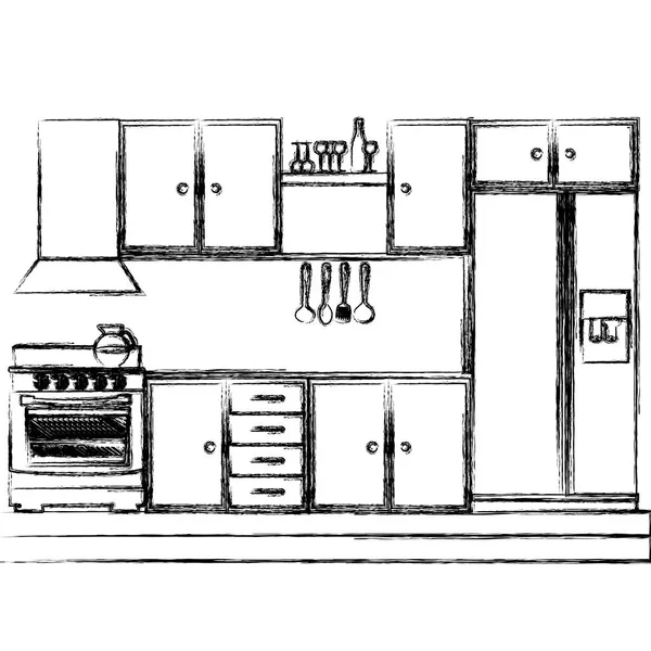 Boceto monocromo de los gabinetes de cocina con estufa y nevera — Vector de stock