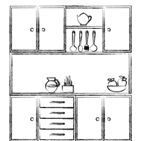 Mutfak dolapları mutfak eşyaları ile tek renkli kroki — Stok Vektör