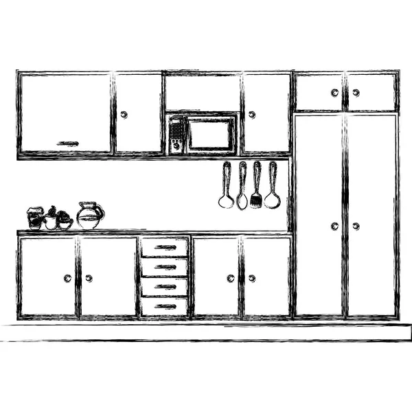 Boceto monocromo de los gabinetes de cocina modernos — Vector de stock