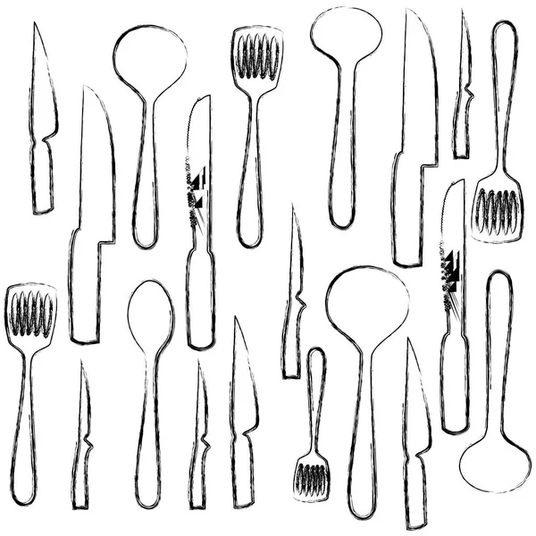 Schizzo monocromatico di set di utensili da cucina — Vettoriale Stock