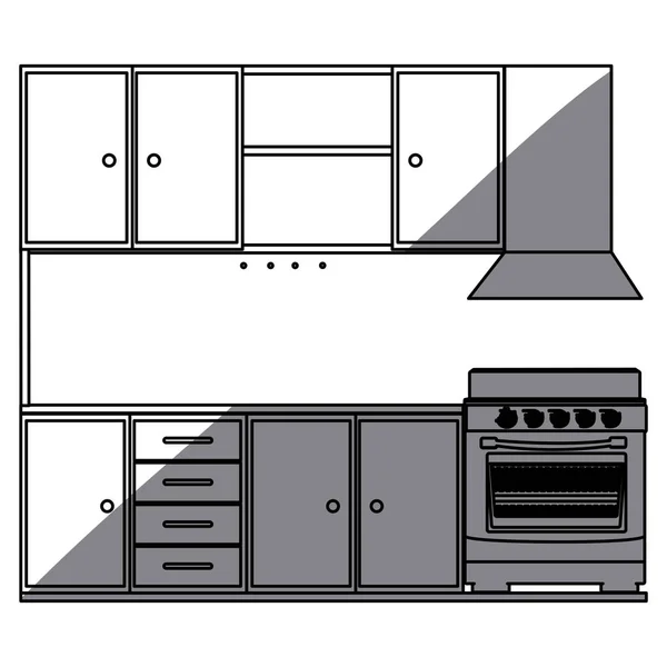 Silhueta monocromática de armários de cozinha com fogão e forno — Vetor de Stock