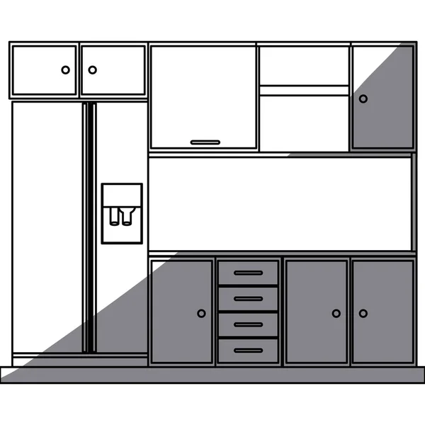 Černobílá silueta kuchyňské skříňky s lednicí — Stockový vektor