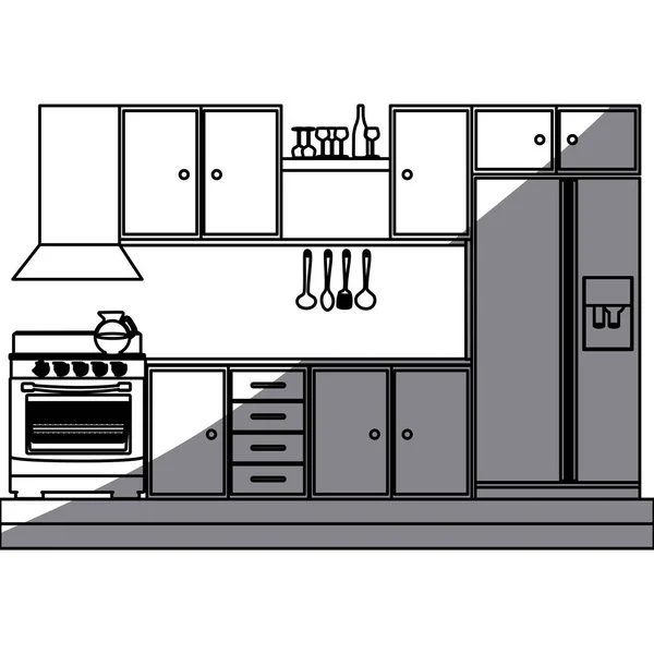 Silueta monocromática de los gabinetes de cocina con estufa y nevera — Vector de stock