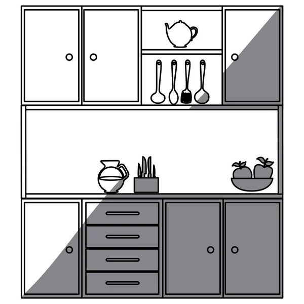 Silueta monocromática de los gabinetes de cocina con utensilios — Archivo Imágenes Vectoriales