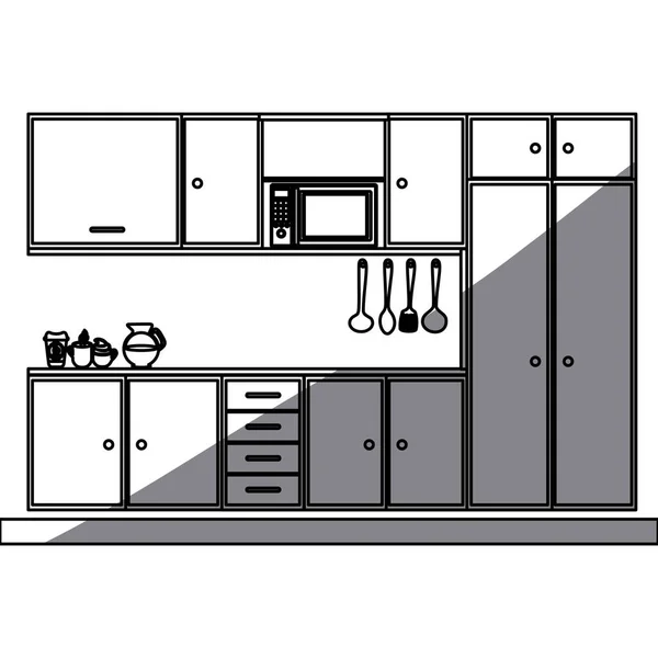 Zwart-wit silhouet van moderne keukenkasten — Stockvector