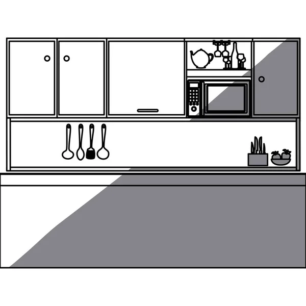 Μονόχρωμη σιλουέτα της κουζίνας με τα κορυφαία γραφεία — Διανυσματικό Αρχείο