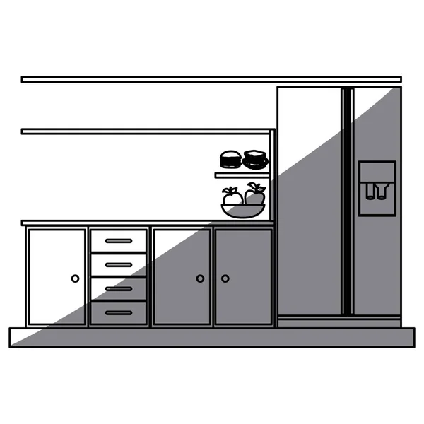 Silueta monocromática de los gabinetes de cocina inferiores con nevera — Vector de stock