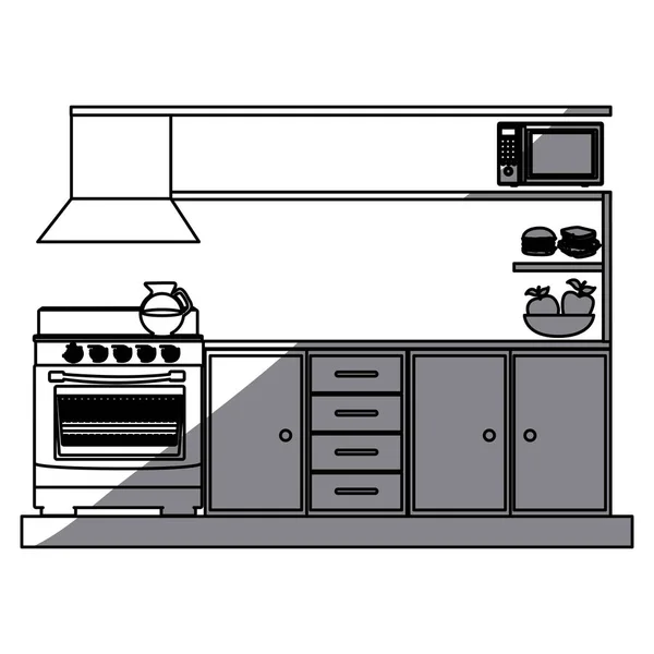 Silhouette monocromatica degli armadi cucina inferiori con piano cottura e forno — Vettoriale Stock