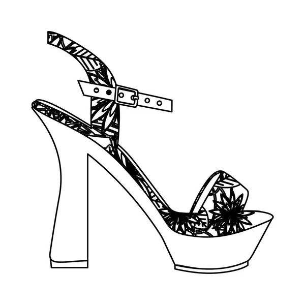 Silhouette monochrome de chaussure sandale à talons hauts avec décoration florale — Image vectorielle