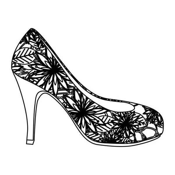 Silhouette monochrome de chaussure à talons hauts avec décoration florale — Image vectorielle