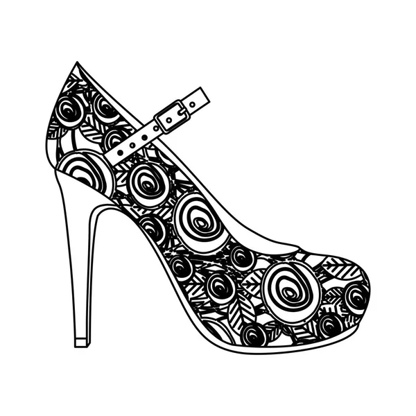 Silhouette monochrome de chaussure à talons hauts avec ceinture et décoration florale — Image vectorielle