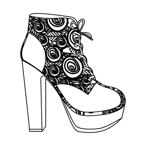 Silhouette monochrome de chaussure à talons hauts avec lacets à décoration florale — Image vectorielle
