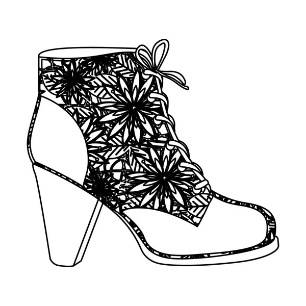 Silhouette monocromatica di cuoio scarpa tacco alto con lacci da scarpe con decorazione floreale — Vettoriale Stock