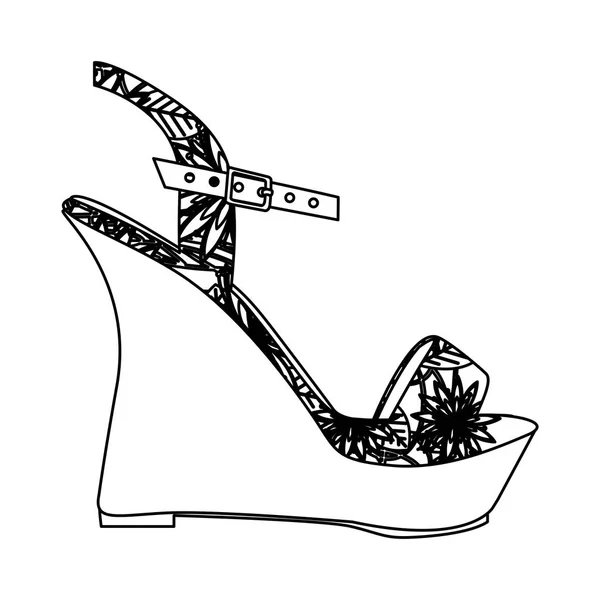 プラットフォーム唯一かつ花装飾サンダル靴のモノクロ シルエット — ストックベクタ