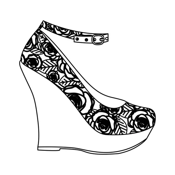Fekete-fehér sziluettjét, magas sarkú platform cipő, virág díszítéssel — Stock Vector