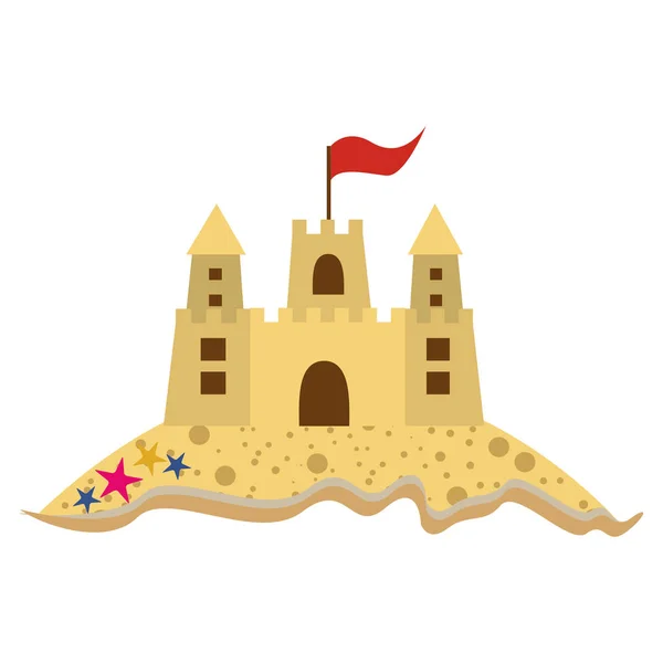 Silueta de color con playa y castillo de arena con bandera — Vector de stock