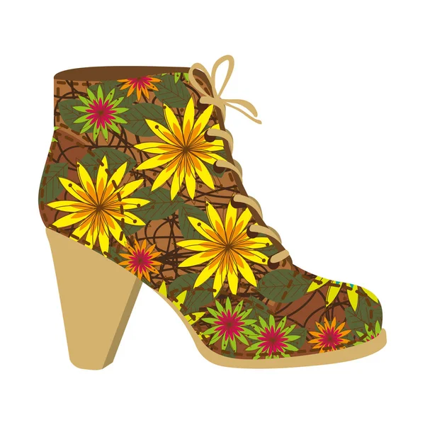 Silhueta colorida de sapato de salto alto com cadarços com flores decorativas margarida — Vetor de Stock