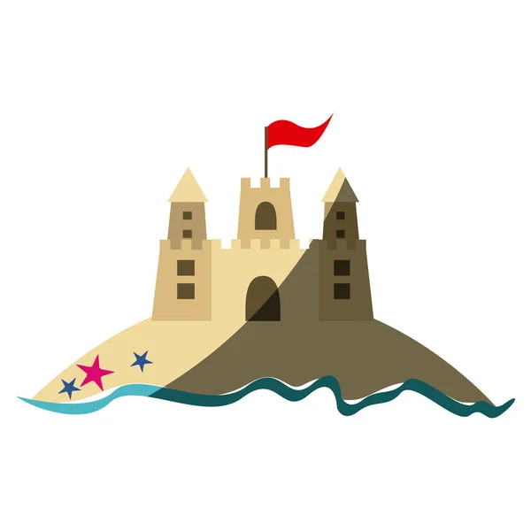 Кольоровий силует з пляжем і пісочним замком з прапором і середньою тінь — стоковий вектор