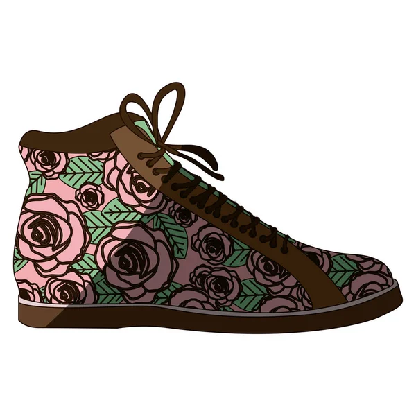 Kleurrijke silhouet van boot met schoenveters en florale decoratie met middelste schaduw — Stockvector