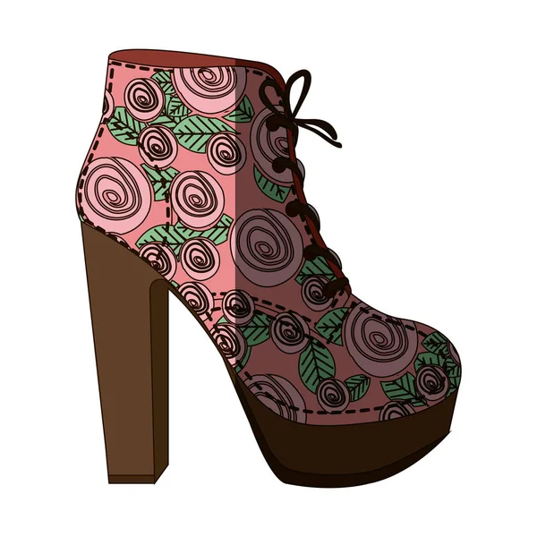 Красочный силуэт туфли на высоком каблуке с шнурками с цветочным декором и средней тенью — стоковый вектор