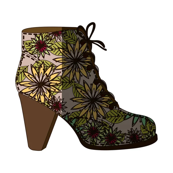 Bunte Silhouette von Stöckelschuh mit Schnürsenkeln mit Dekorationen Gänseblümchen Blumen und mittleren Schatten — Stockvektor