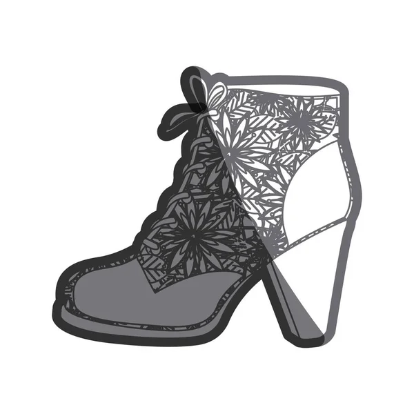 Серый толстый контур кожи туфли на высоком каблуке с шнурками с цветочным декором — стоковый вектор