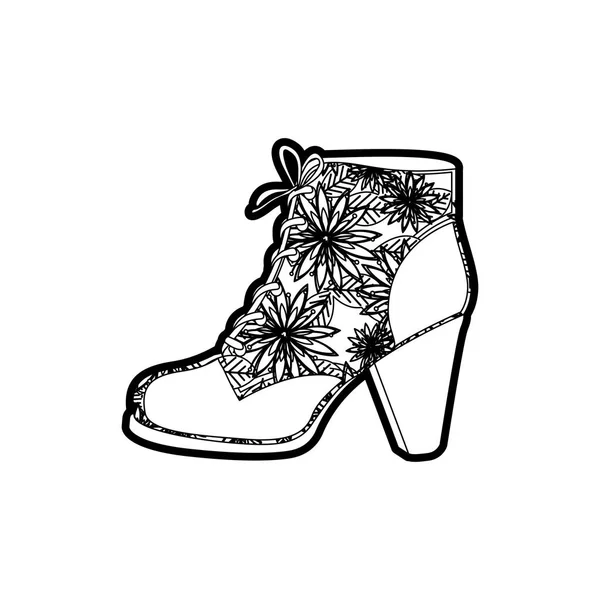 Zwarte dikke contour van lederen hoge hak schoen met schoenveters met florale decoratie — Stockvector