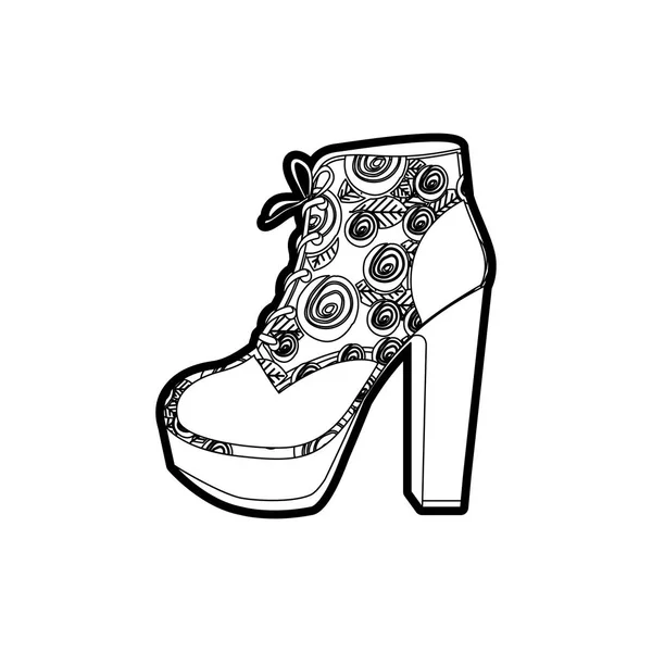 Negro grueso contorno de zapato de tacón alto con cordones de zapatos con decoración floral — Vector de stock