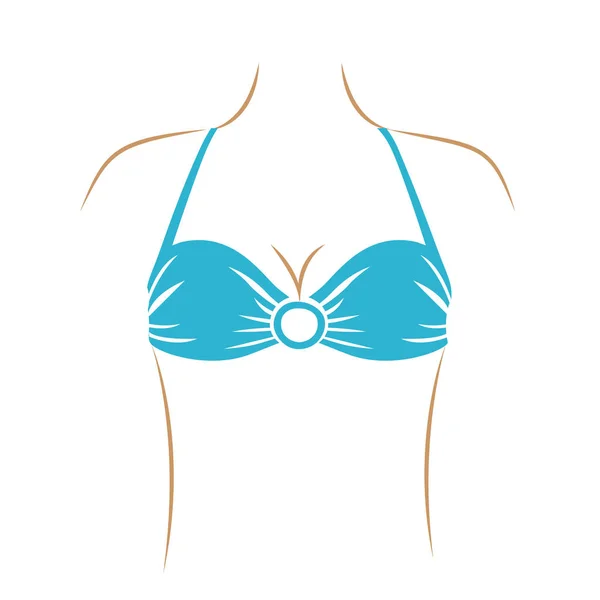 Thin contour of woman with light blue swimwear bra with central ring — Stock Vector