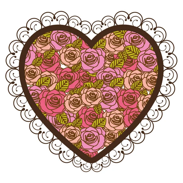 Silhouette heart with decorative frame and colorful pattern of roses — Stock Vector