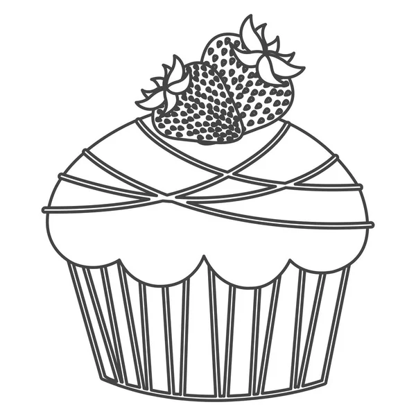 Silhouette Skizze Cupcake mit zwei Erdbeerfrüchten — Stockvektor