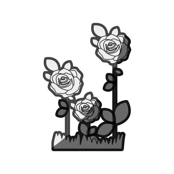 Roses monochromes en silhouette plantées de feuilles et de pâturages — Image vectorielle