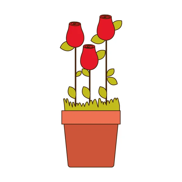 Färgglada rosenknoppar planterade med blad i blomkruka — Stock vektor