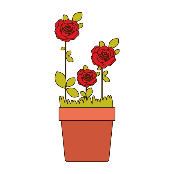 Красочные реалистичные красные розы, посаженные с листьями в цветочный горшок — стоковый вектор
