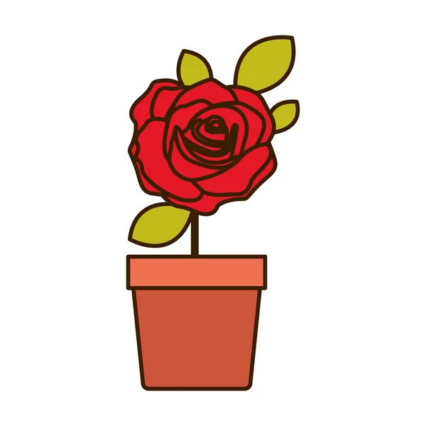 Färgglad blommig röd ros med blad och stam i blomkruka — Stock vektor