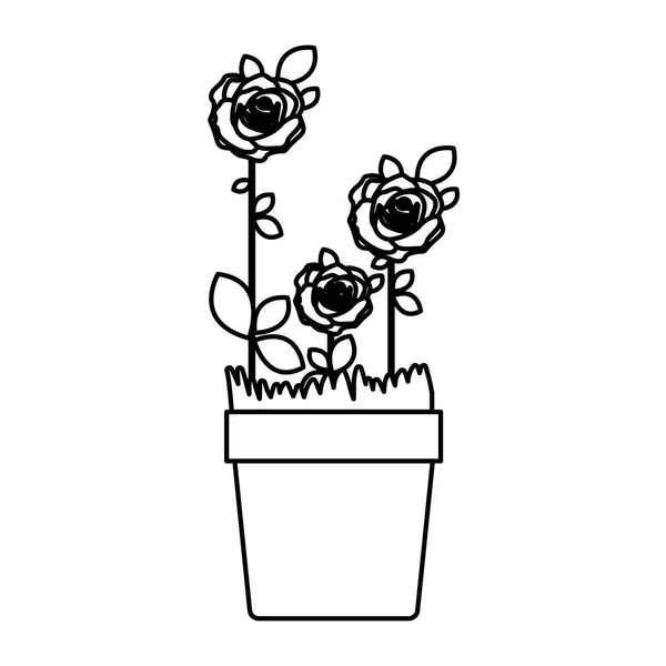 Silhouette rosor planteras med löv i blomkruka — Stock vektor