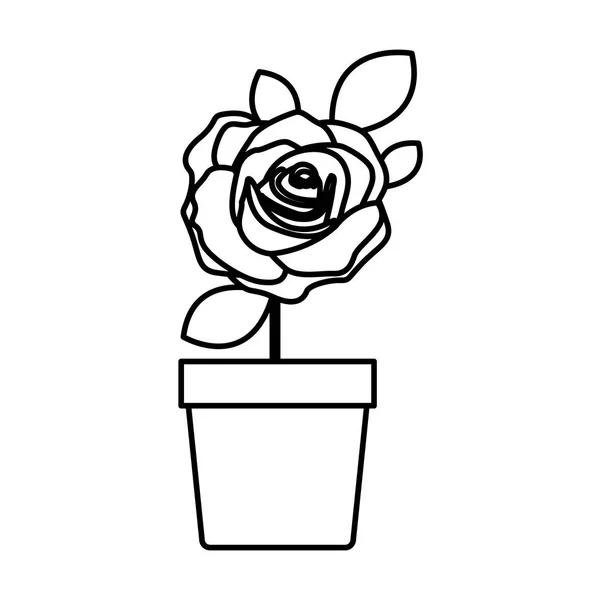 Silhouette blommade ros med blad och stam i blomkruka — Stock vektor