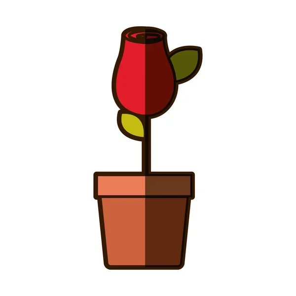 Rysunek rosebud czerwony kolorowy cieniowanie z liści i macierzystych w doniczki — Wektor stockowy