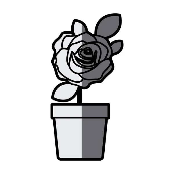 Silhouette échelle de gris rose fleurie avec feuilles et tige en pot de fleurs — Image vectorielle