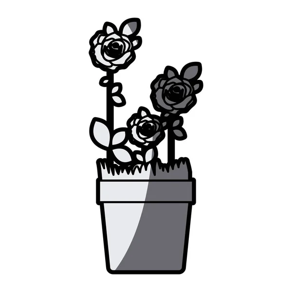 Grijstinten silhouet gebloemde rozen beplant met bladeren in bloempot — Stockvector