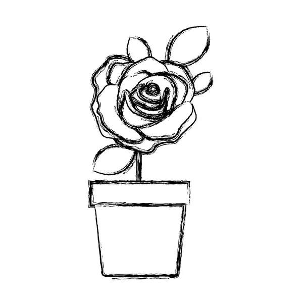 Blurred silhouette flowered rose with leaves and stem in flowerpot - Stok Vektor