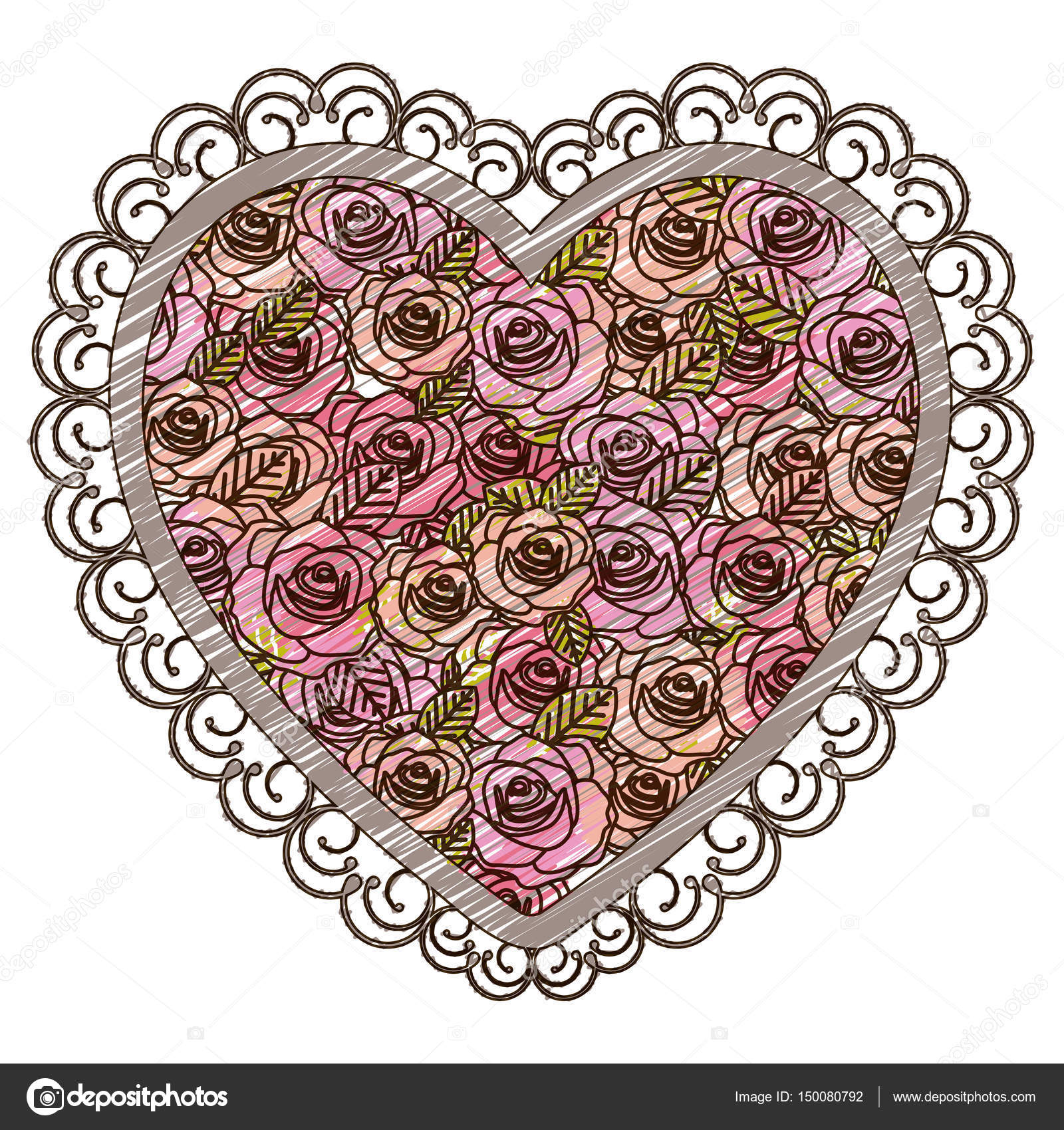 matita di colore di disegno del cuore con cornice decorativa e Matita di colore di disegno del cuore con cornice decorativa e motivo di illustrazione vettoriale delle Rose — Vettoriali di grgroupstock