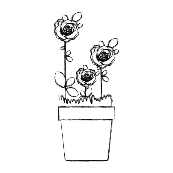 Suddig siluett blommade rosor planteras med löv i blomkruka — Stock vektor