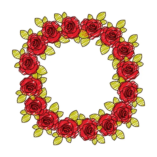 Farbują ołówek rysunek korony kwiatach czerwonych róż z liści — Wektor stockowy