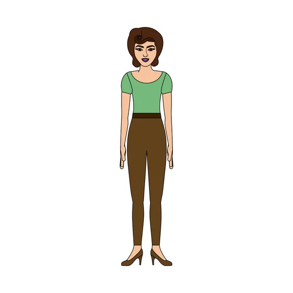 緑の t シャツとズボンのレトロなスタイルを持つ女性のカラフルなシルエット — ストックベクタ