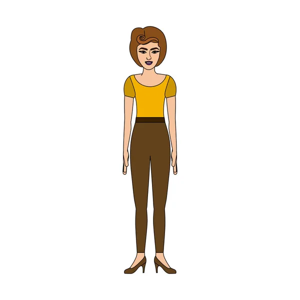 黄色の t シャツとズボンのレトロなスタイルを持つ女性のカラフルなシルエット — ストックベクタ